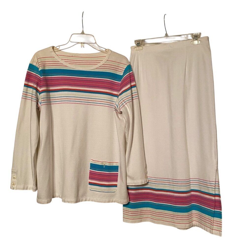 DIANES ESSENTIALS 2pc Sweater/Skirt Cream w/Pink & Blue Stripes Vintage Size (M)